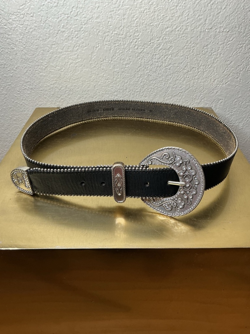 Chico's Black Leather Belt with Silver Beaded Edge